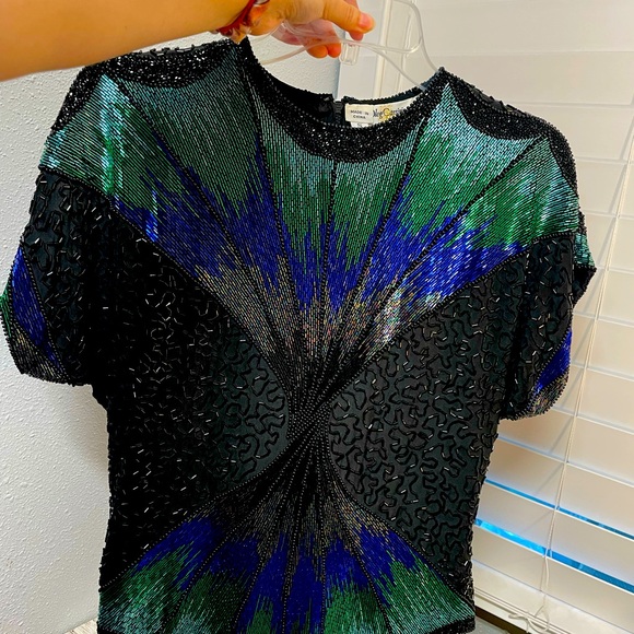Oleg Cassin Beaded black, blue and green top - Picture 1 of 11